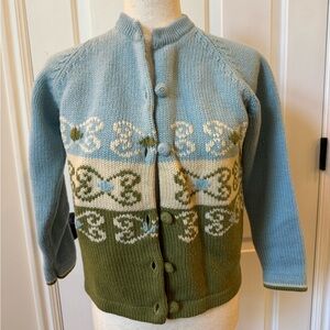 Vintage Blue and Green Knit Cardigan with Butterfly Pattern